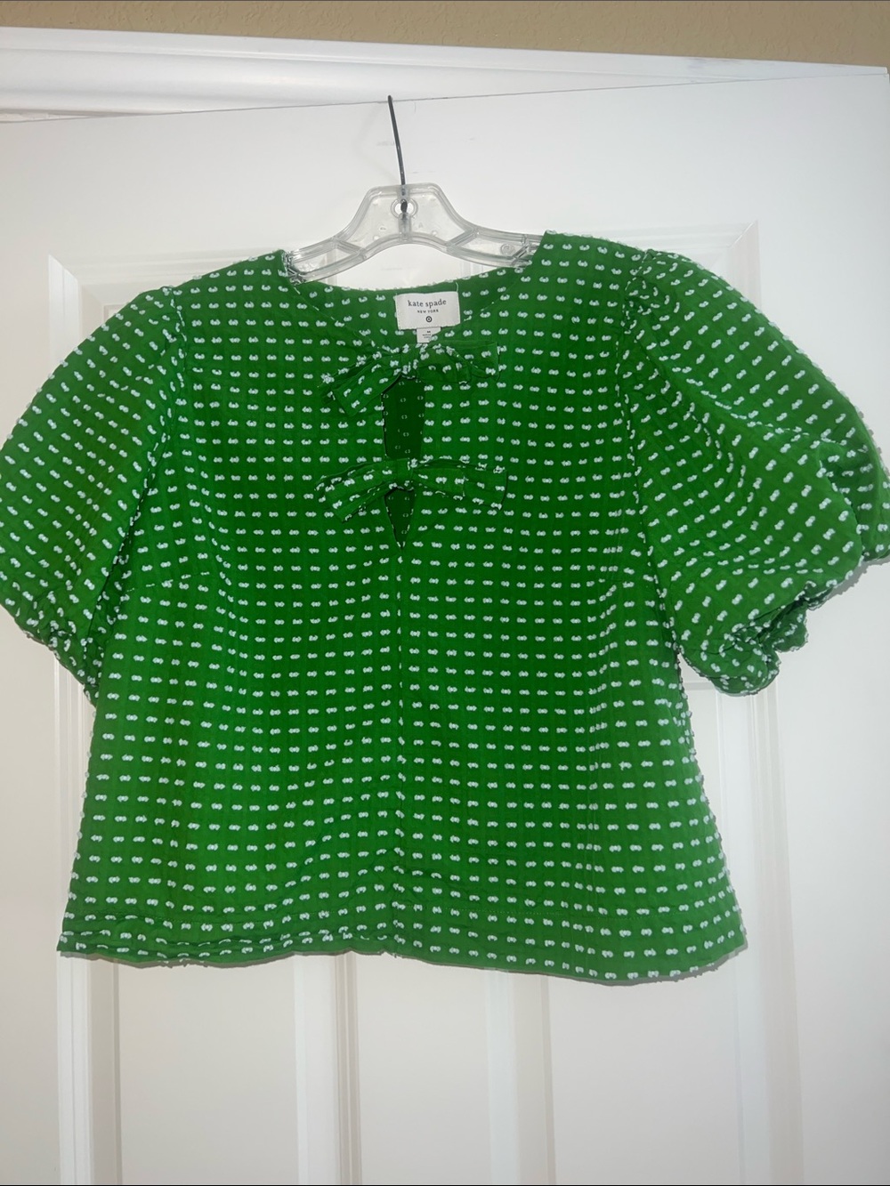 kate spade Green Puff Sleeve Bow Front Blouse